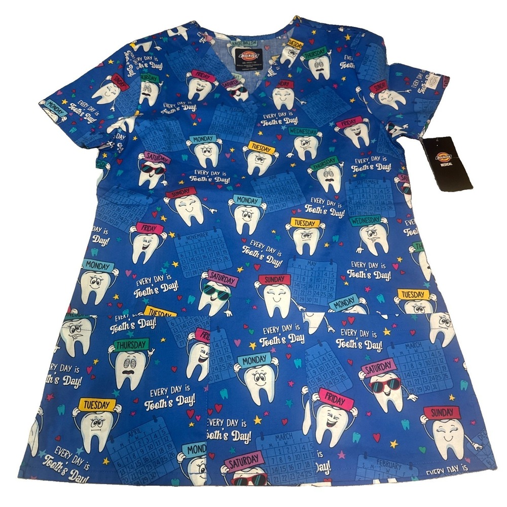 Dickies Dental Scrub Top Toothsday‎ Size XS Pockets NWT Medical
